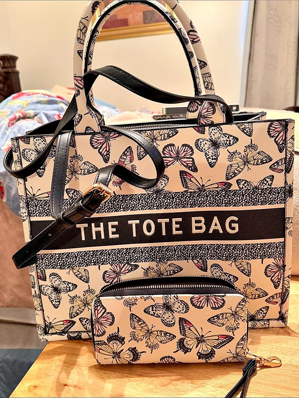 Butterfly Print Tote Bag in Brown & Pink Like New